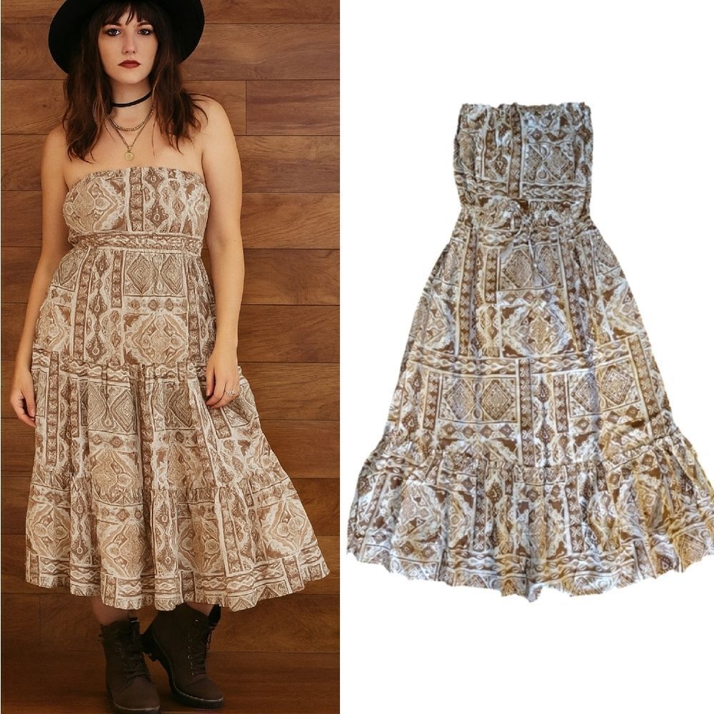 Salty Lemon Brown White Geometric Print Strapless Maxi Tiered Dress Large NWT
